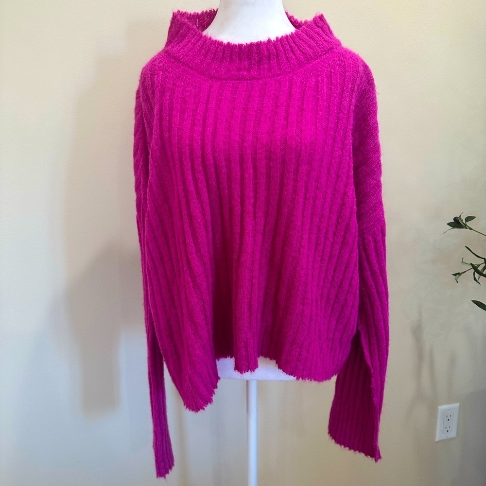 Free People Sweater 87% Alpaca Hot Pink Sz M Oversized Knit Ribbed Mockn…​​​​